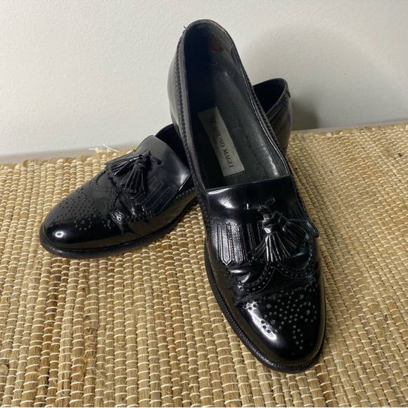 Men’s Bruno Magli Tasseled Fringed Brogue Black Leather Shoes Size 9.5 - Picture 1 of 7
